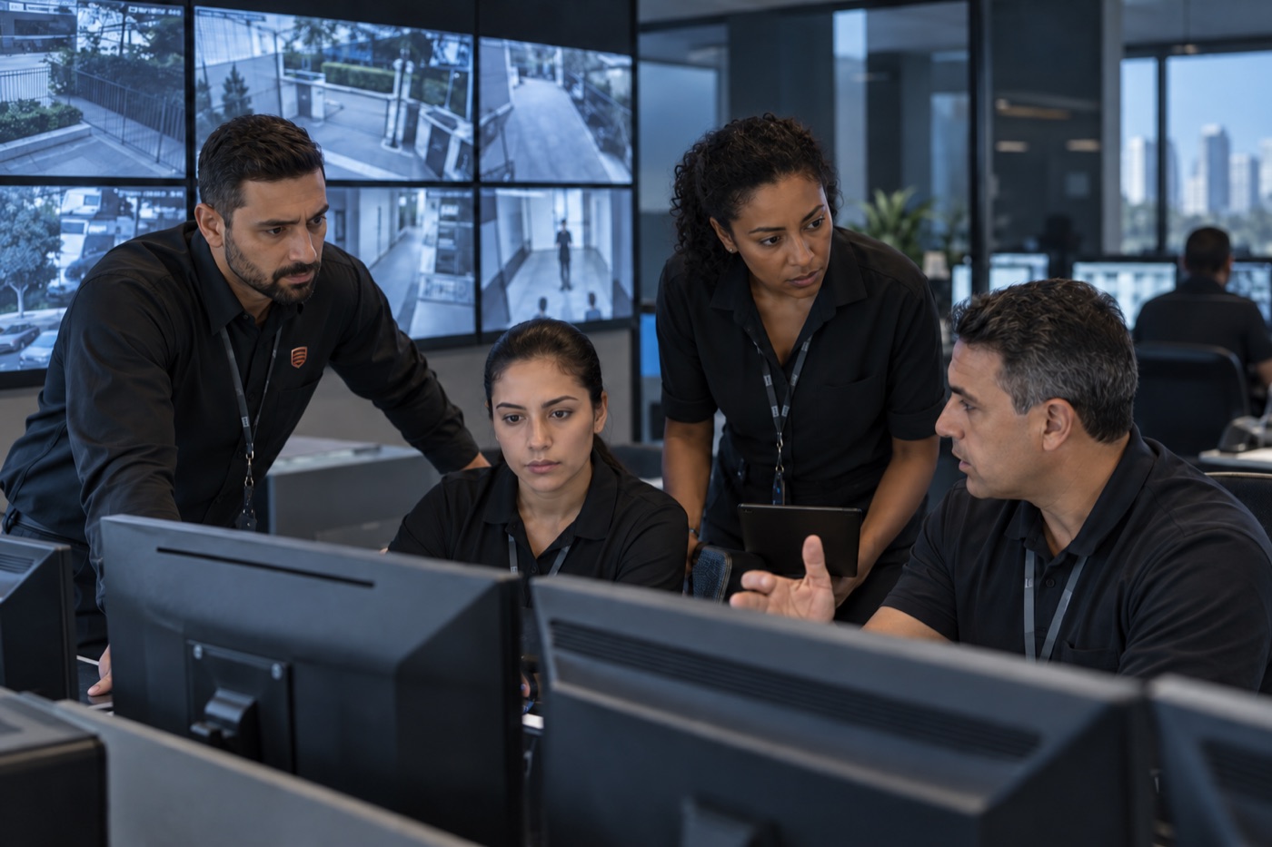 Equipe avalia ocorrências na central de segurança