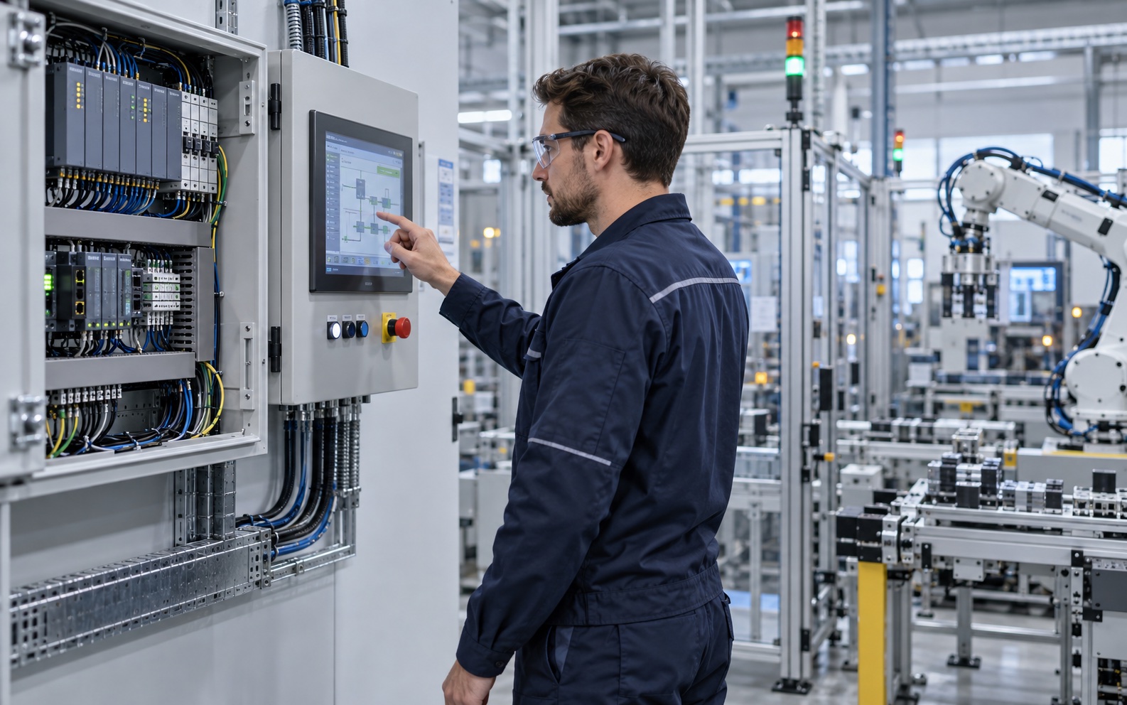 Técnico configura regras em painel de automação industrial