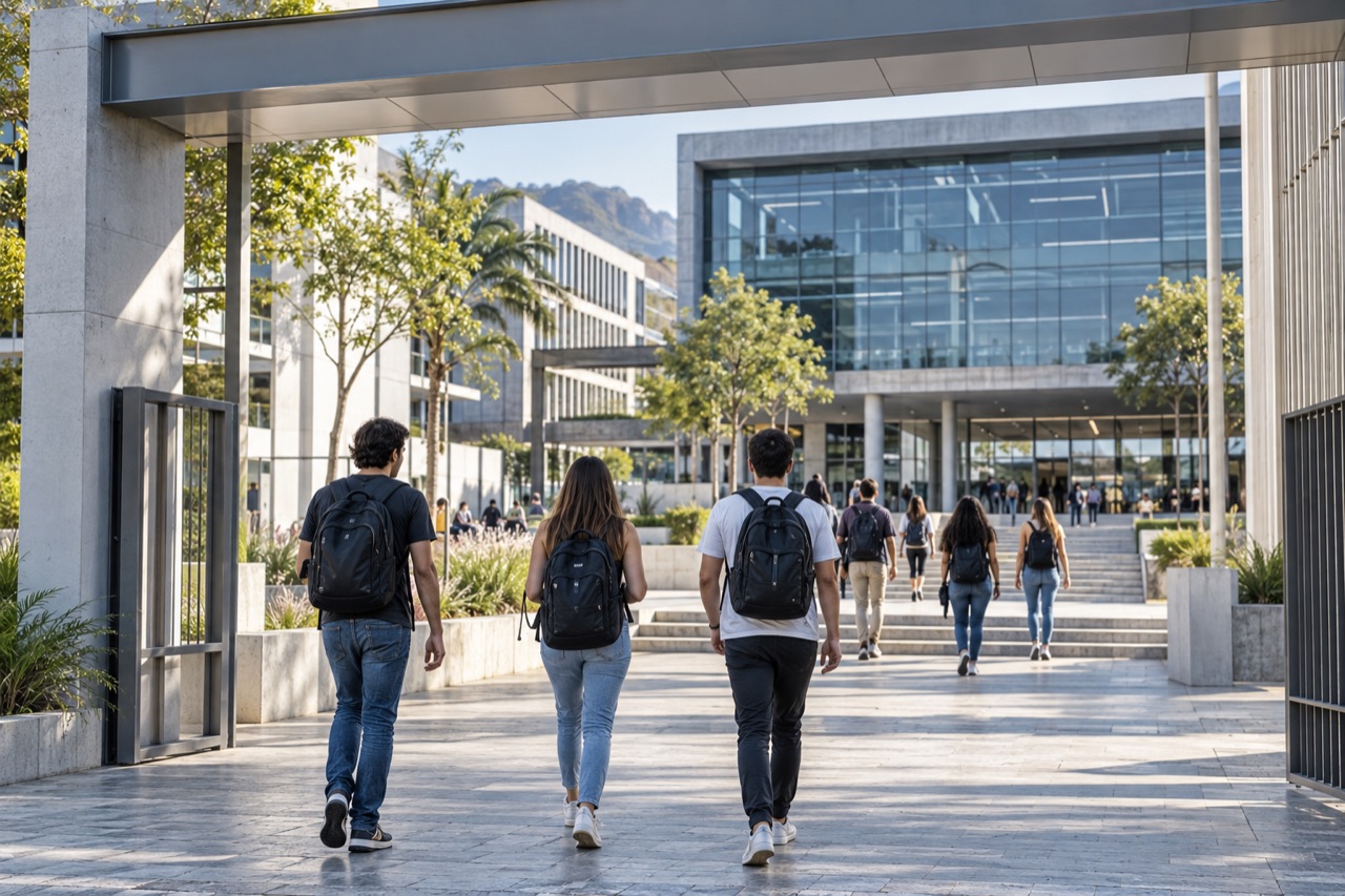 Estudantes caminham em campus universitário
