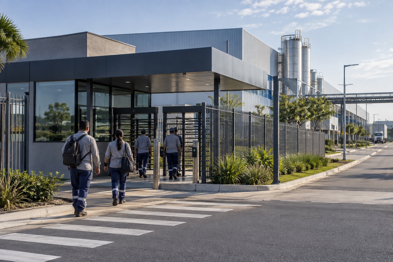 Entrada de trabalhadores em planta industrial