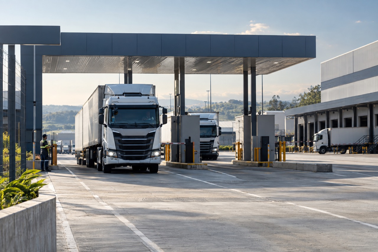 Caminhões em portaria de operação logística