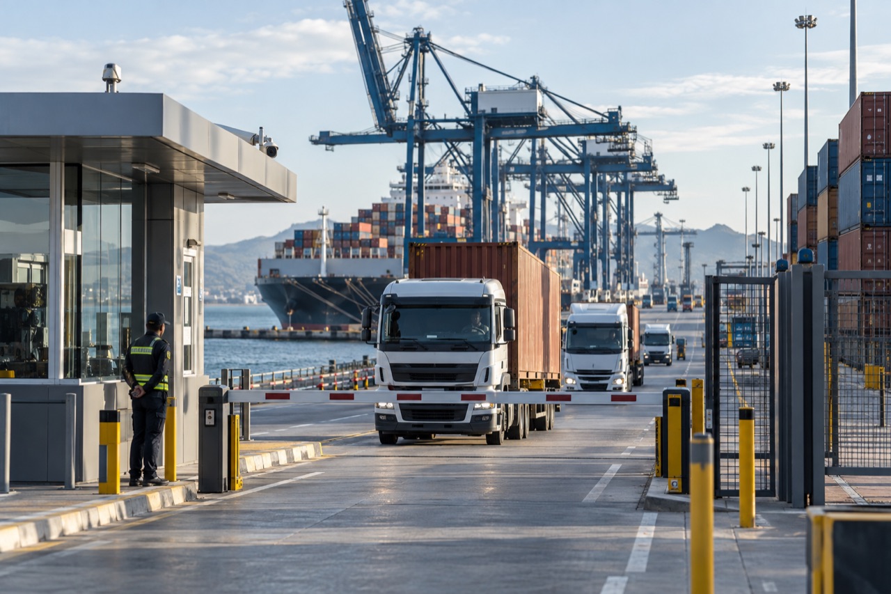 Caminhões em acesso controlado de porto de contêineres