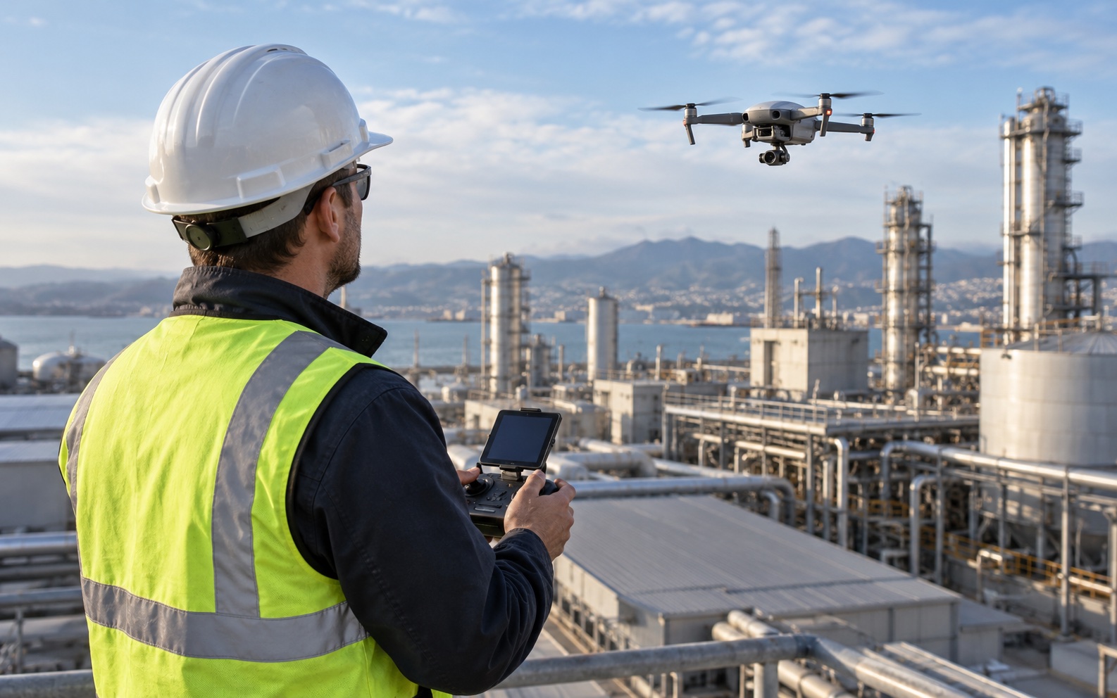 Operador utiliza drone para observar área industrial